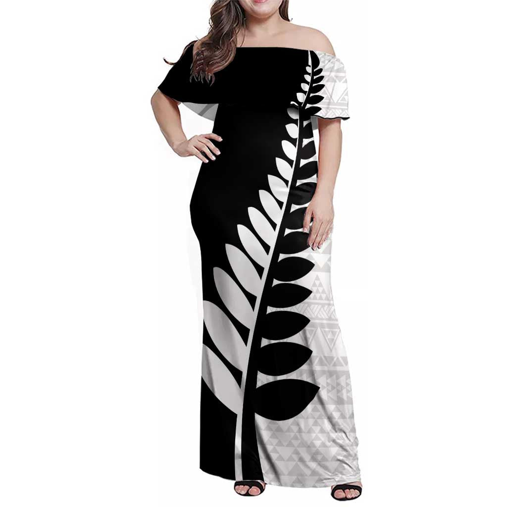 New Zealand Silver Fern Niho Taniwha Family Matching Off Shoulder Maxi Dress and Hawaiian Shirt
