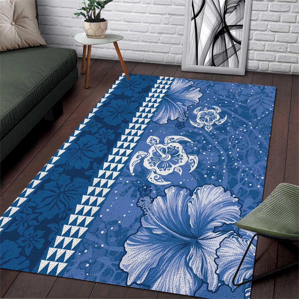 Blue Hibiscus Turle Area Rug Hawaiian Style Tribal Tapa Pattern