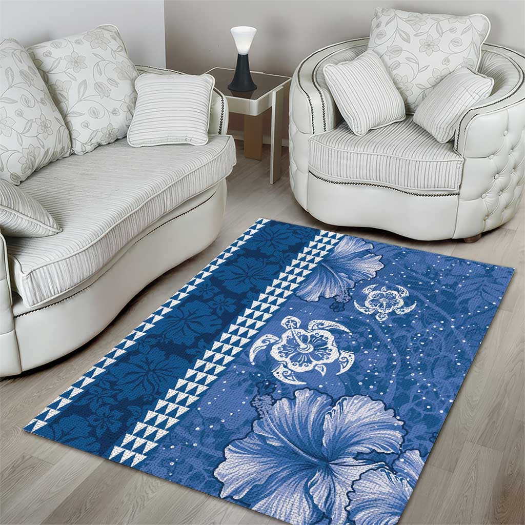 Blue Hibiscus Turle Area Rug Hawaiian Style Tribal Tapa Pattern