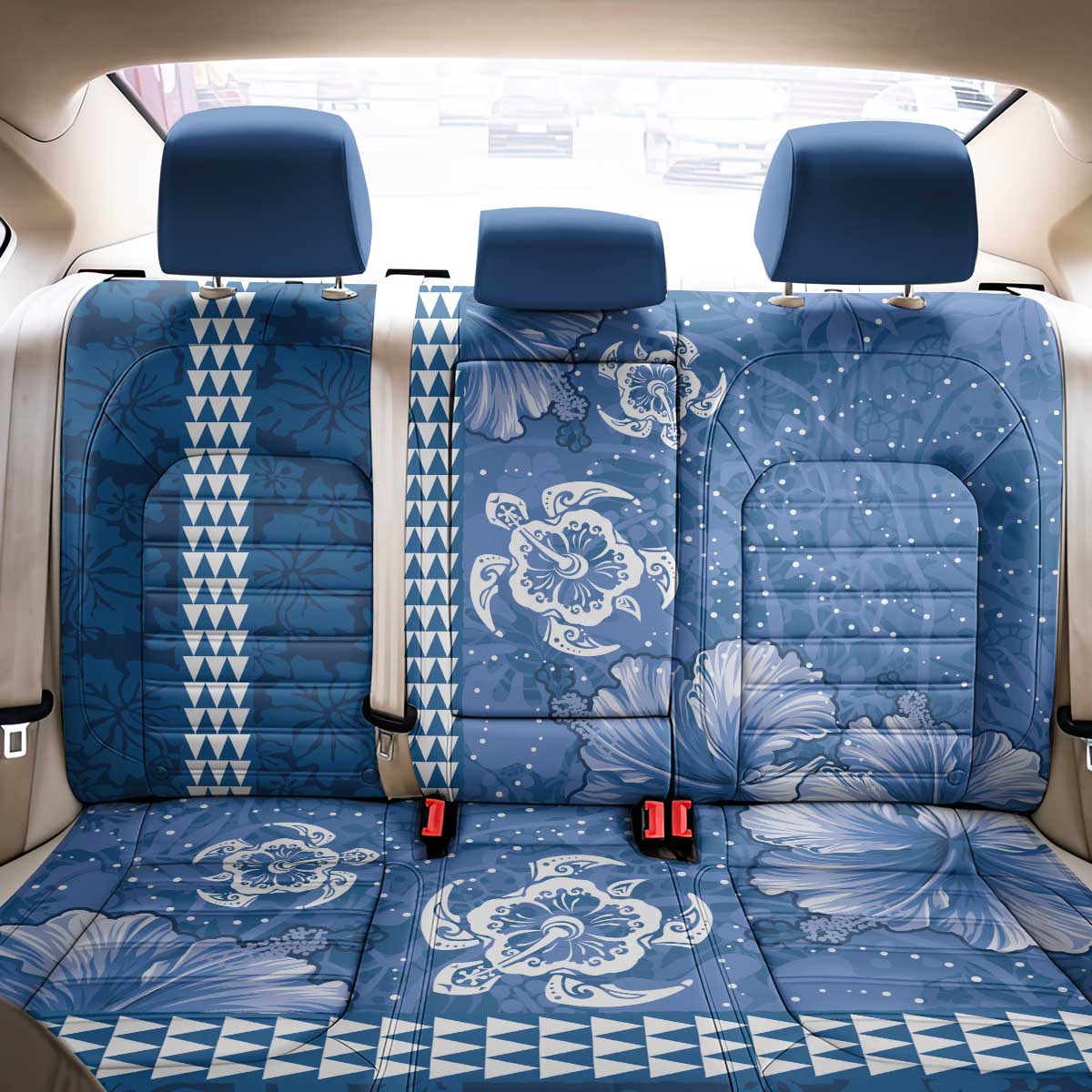 Blue Hibiscus Turle Back Car Seat Cover Hawaiian Style Tribal Tapa Pattern