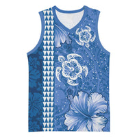 Blue Hibiscus Turle Basketball Jersey Hawaiian Style Tribal Tapa Pattern - Polynesian Pride