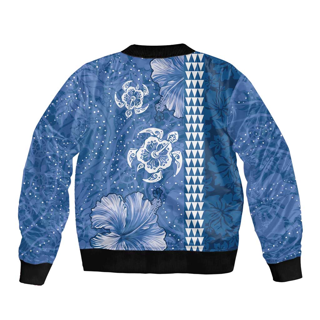 Blue Hibiscus Turle Bomber Jacket Hawaiian Style Tribal Tapa Pattern