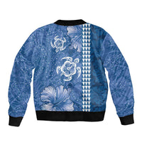 Blue Hibiscus Turle Bomber Jacket Hawaiian Style Tribal Tapa Pattern