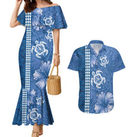 Blue Hibiscus Turle Couples Matching Mermaid Dress and Hawaiian Shirt Hawaiian Style Tribal Tapa Pattern LT9 Blue - Polynesian Pride