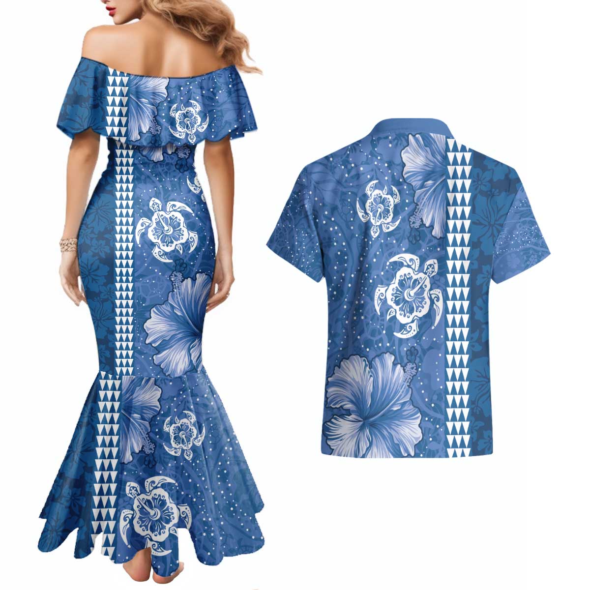 Blue Hibiscus Turle Couples Matching Mermaid Dress and Hawaiian Shirt Hawaiian Style Tribal Tapa Pattern LT9 - Polynesian Pride