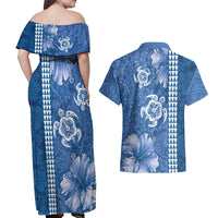 Blue Hibiscus Turle Couples Matching Off Shoulder Maxi Dress and Hawaiian Shirt Hawaiian Style Tribal Tapa Pattern