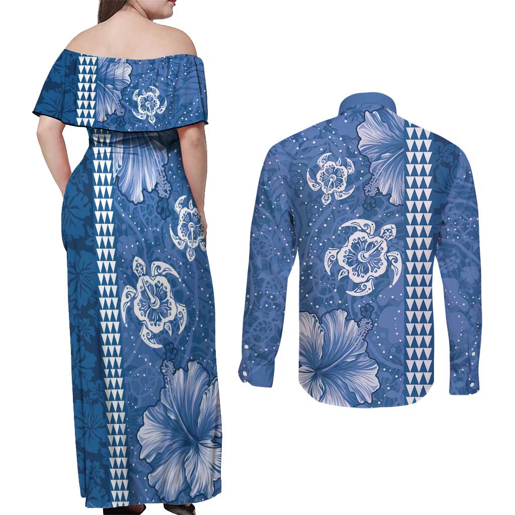 Blue Hibiscus Turle Couples Matching Off Shoulder Maxi Dress and Long Sleeve Button Shirt Hawaiian Style Tribal Tapa Pattern LT9 - Polynesian Pride