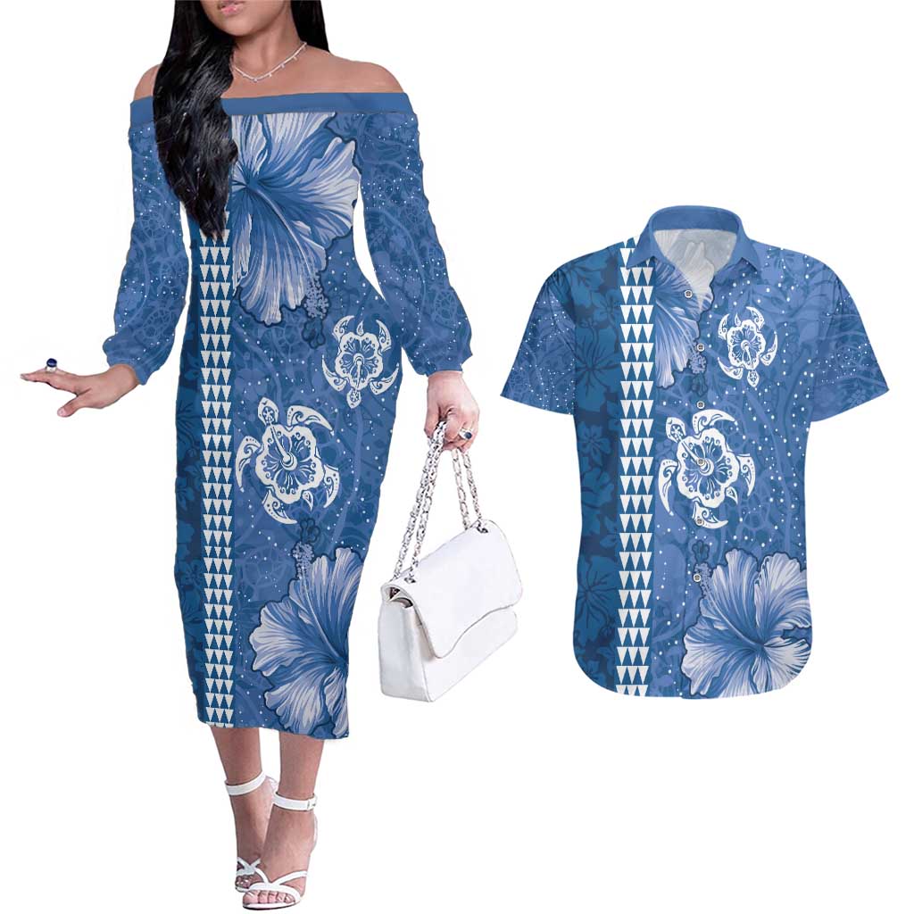 Blue Hibiscus Turle Couples Matching Off The Shoulder Long Sleeve Dress and Hawaiian Shirt Hawaiian Style Tribal Tapa Pattern