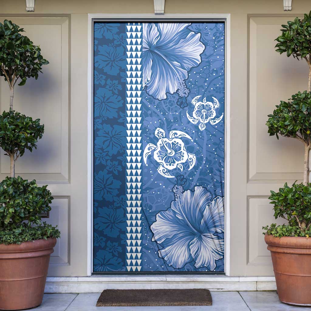 Blue Hibiscus Turle Door Cover Hawaiian Style Tribal Tapa Pattern - Polynesian Pride