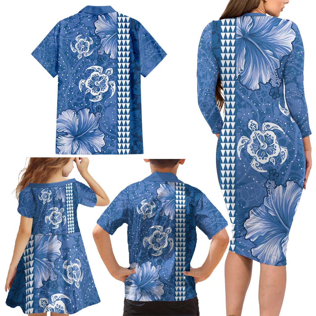 Blue Hibiscus Turle Family Matching Long Sleeve Bodycon Dress and Hawaiian Shirt Hawaiian Style Tribal Tapa Pattern