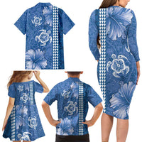 Blue Hibiscus Turle Family Matching Long Sleeve Bodycon Dress and Hawaiian Shirt Hawaiian Style Tribal Tapa Pattern
