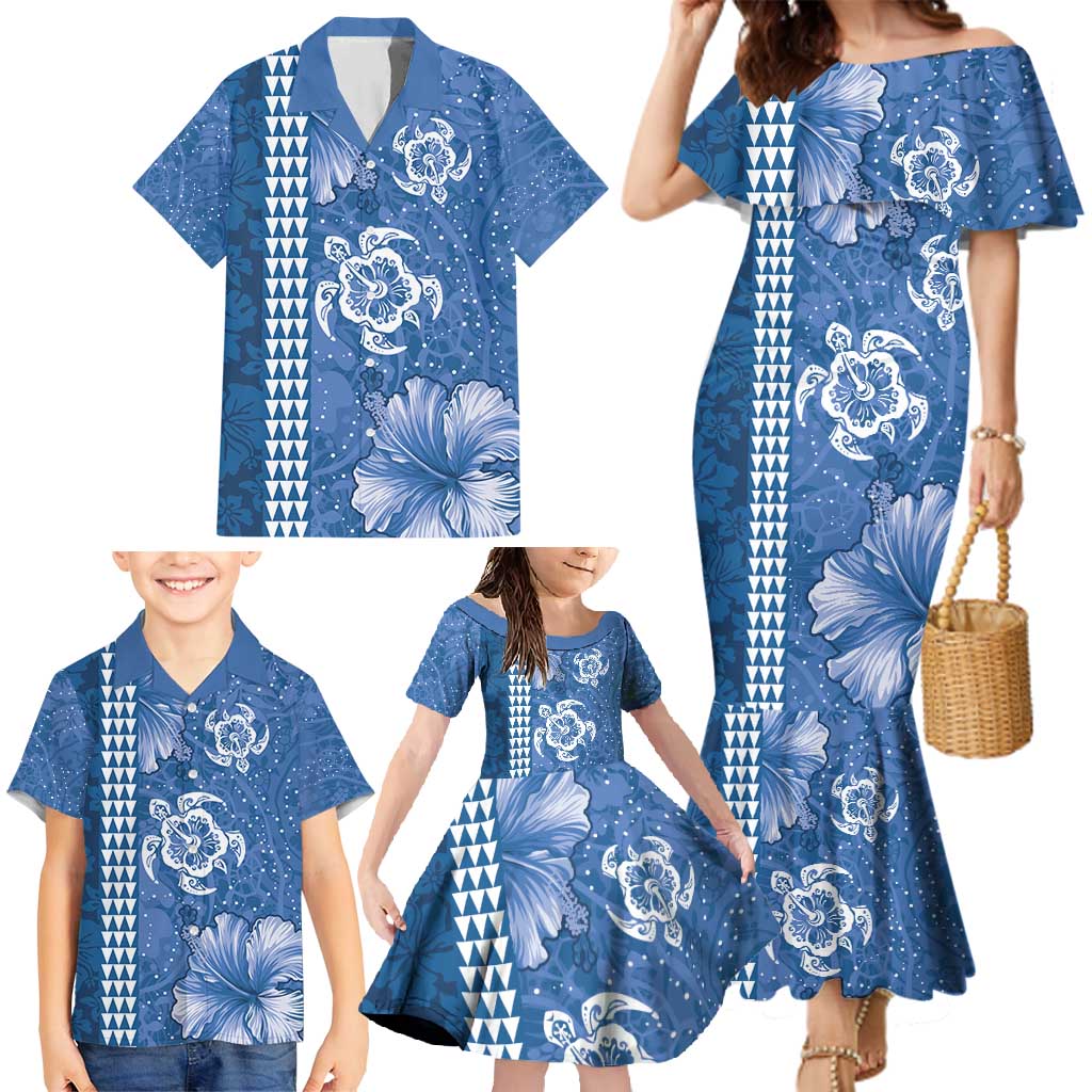 Blue Hibiscus Turle Family Matching Mermaid Dress and Hawaiian Shirt Hawaiian Style Tribal Tapa Pattern