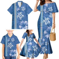 Blue Hibiscus Turle Family Matching Mermaid Dress and Hawaiian Shirt Hawaiian Style Tribal Tapa Pattern