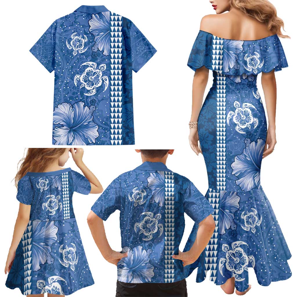 Blue Hibiscus Turle Family Matching Mermaid Dress and Hawaiian Shirt Hawaiian Style Tribal Tapa Pattern