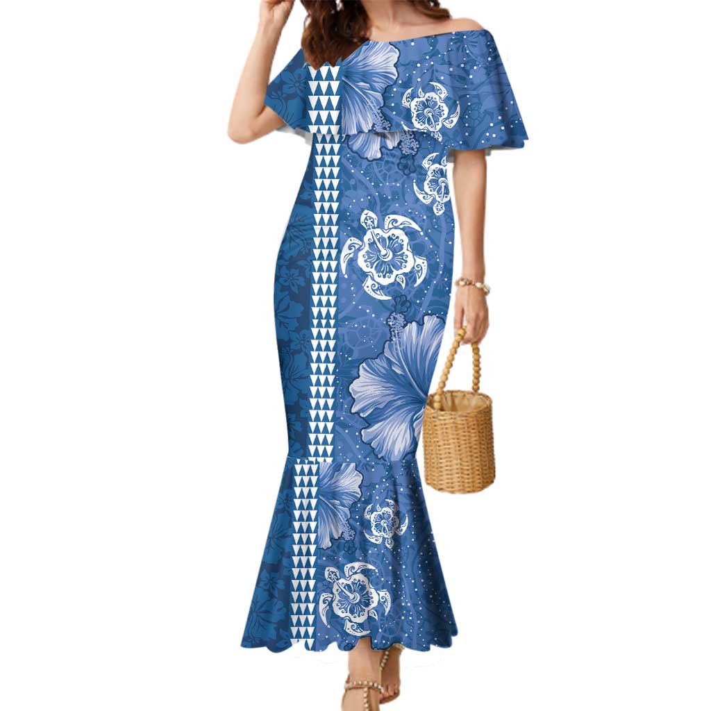Blue Hibiscus Turle Family Matching Mermaid Dress and Hawaiian Shirt Hawaiian Style Tribal Tapa Pattern