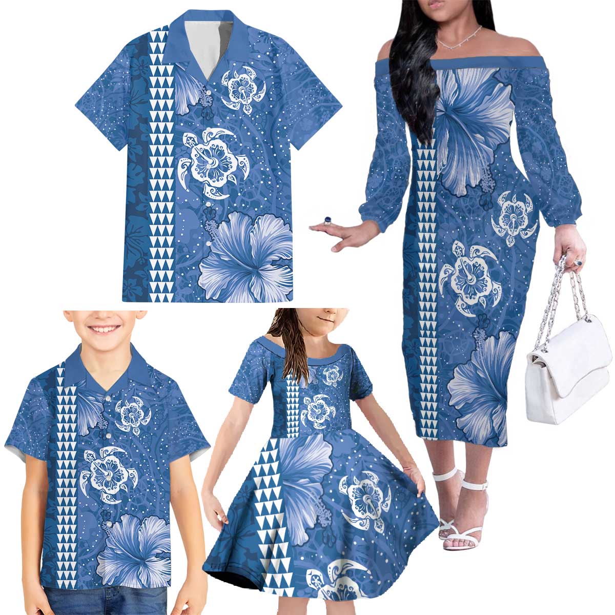 Blue Hibiscus Turle Family Matching Off The Shoulder Long Sleeve Dress and Hawaiian Shirt Hawaiian Style Tribal Tapa Pattern