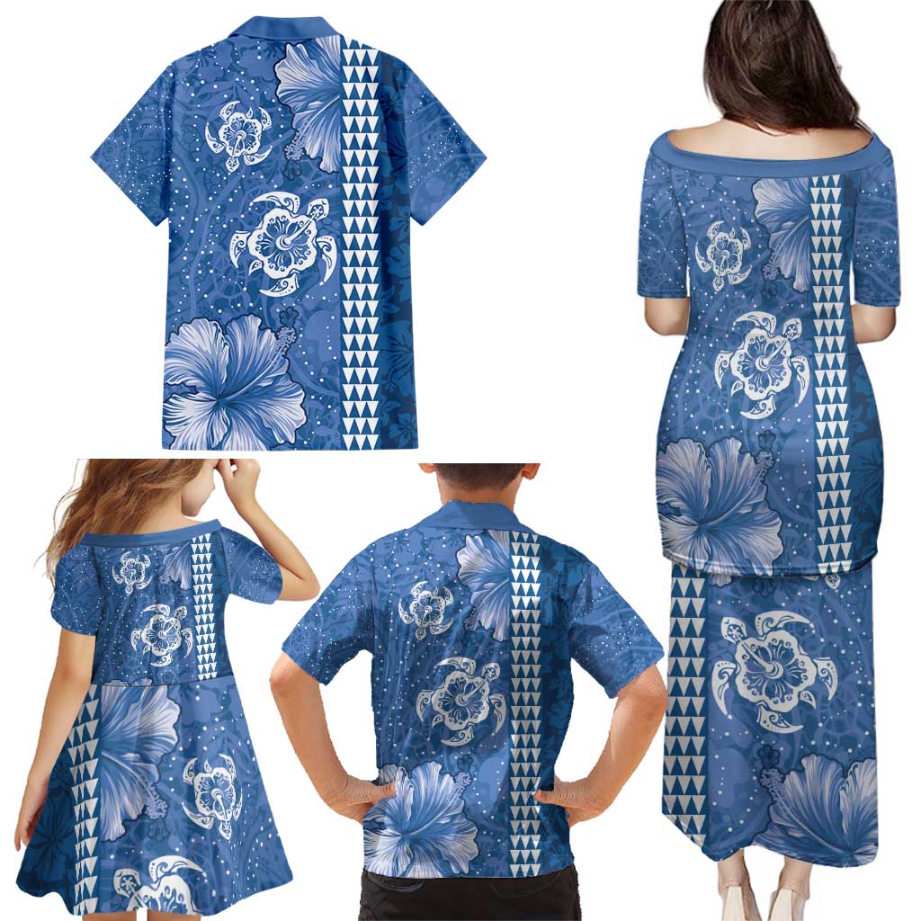 Blue Hibiscus Turle Family Matching Puletasi and Hawaiian Shirt Hawaiian Style Tribal Tapa Pattern