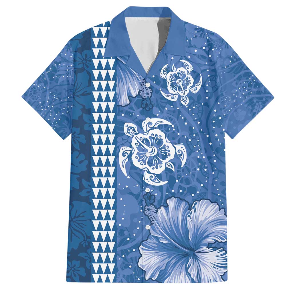 Blue Hibiscus Turle Family Matching Short Sleeve Bodycon Dress and Hawaiian Shirt Hawaiian Style Tribal Tapa Pattern