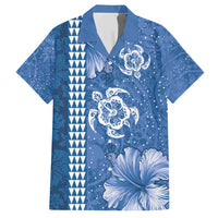 Blue Hibiscus Turle Family Matching Short Sleeve Bodycon Dress and Hawaiian Shirt Hawaiian Style Tribal Tapa Pattern