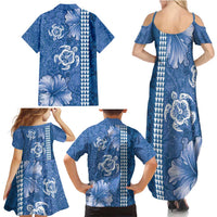 Blue Hibiscus Turle Family Matching Summer Maxi Dress and Hawaiian Shirt Hawaiian Style Tribal Tapa Pattern