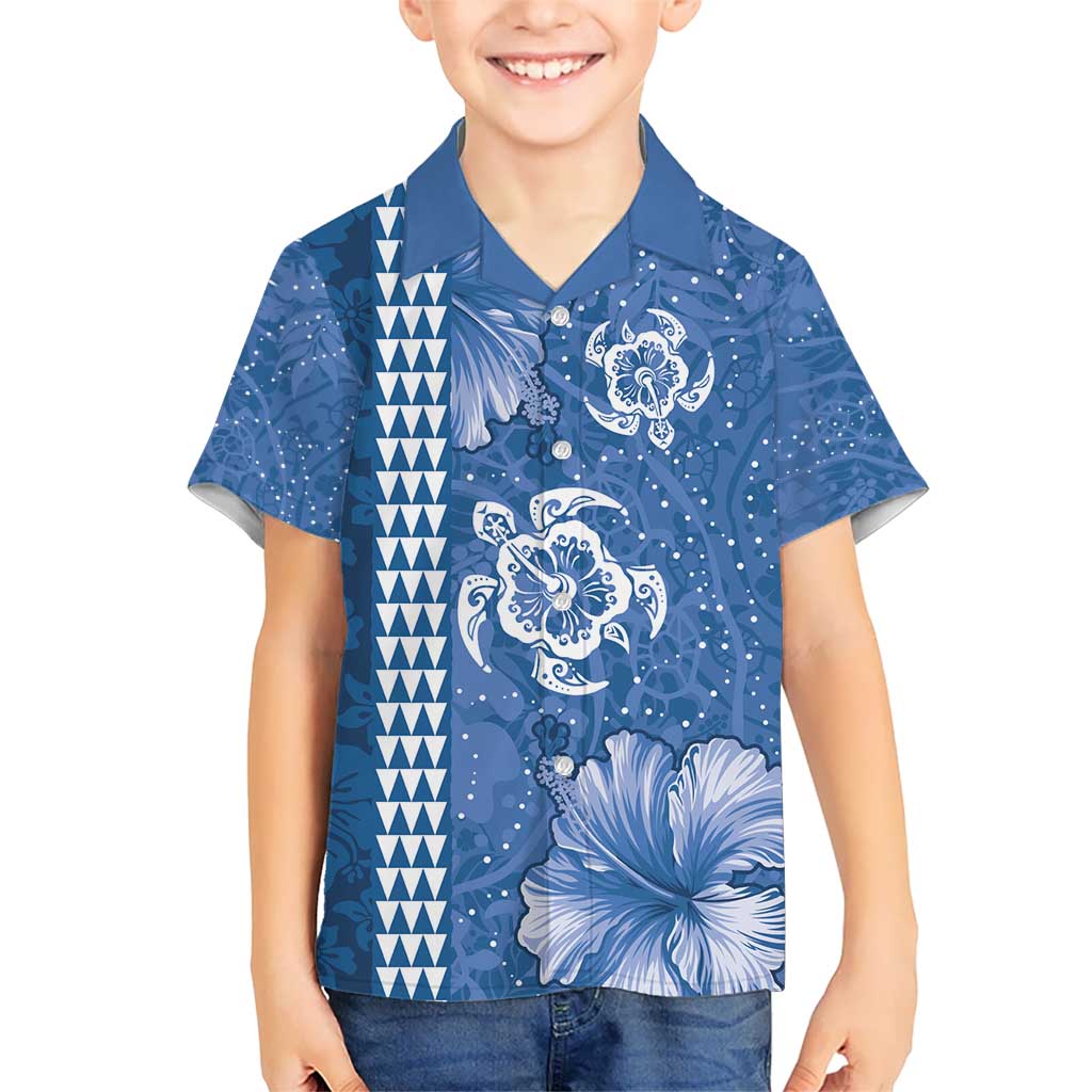 Blue Hibiscus Turle Kid Hawaiian Shirt Hawaiian Style Tribal Tapa Pattern LT9 Kid Blue - Polynesian Pride