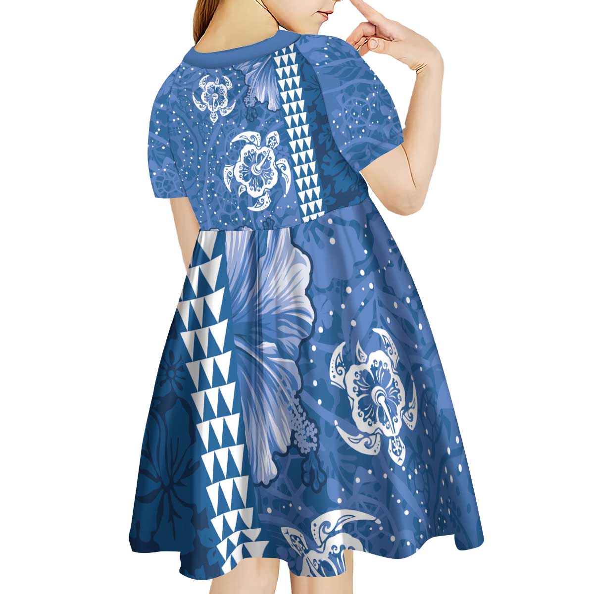 Blue Hibiscus Turle Kid Short Sleeve Dress Hawaiian Style Tribal Tapa Pattern