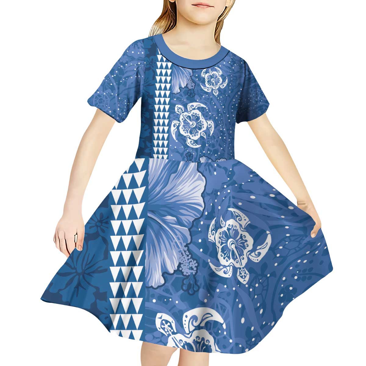 Blue Hibiscus Turle Kid Short Sleeve Dress Hawaiian Style Tribal Tapa Pattern