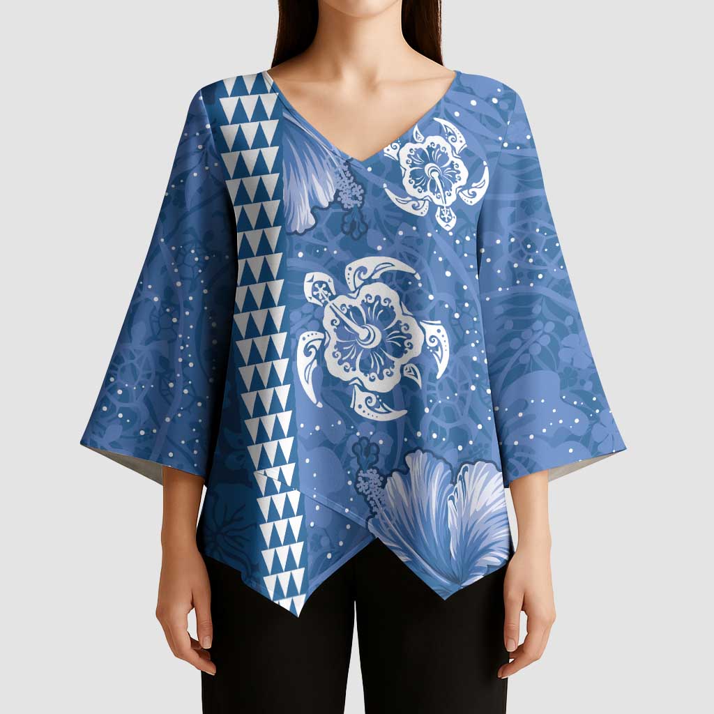 Blue Hibiscus Turle Kimono Sleeve Blouse Hawaiian Style Tribal Tapa Pattern - Polynesian Pride
