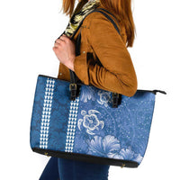 Blue Hibiscus Turle Leather Tote Bag Hawaiian Style Tribal Tapa Pattern