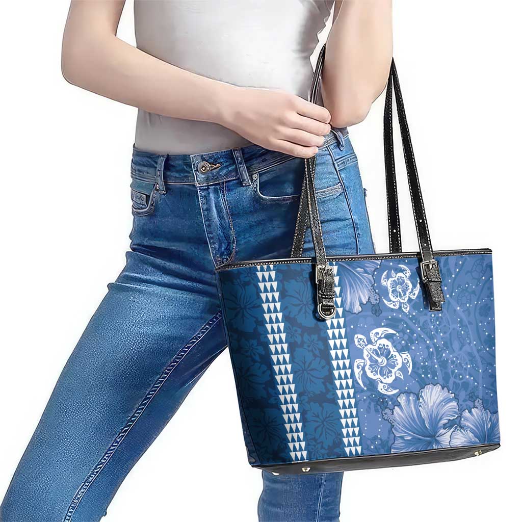 Blue Hibiscus Turle Leather Tote Bag Hawaiian Style Tribal Tapa Pattern