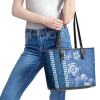 Blue Hibiscus Turle Leather Tote Bag Hawaiian Style Tribal Tapa Pattern