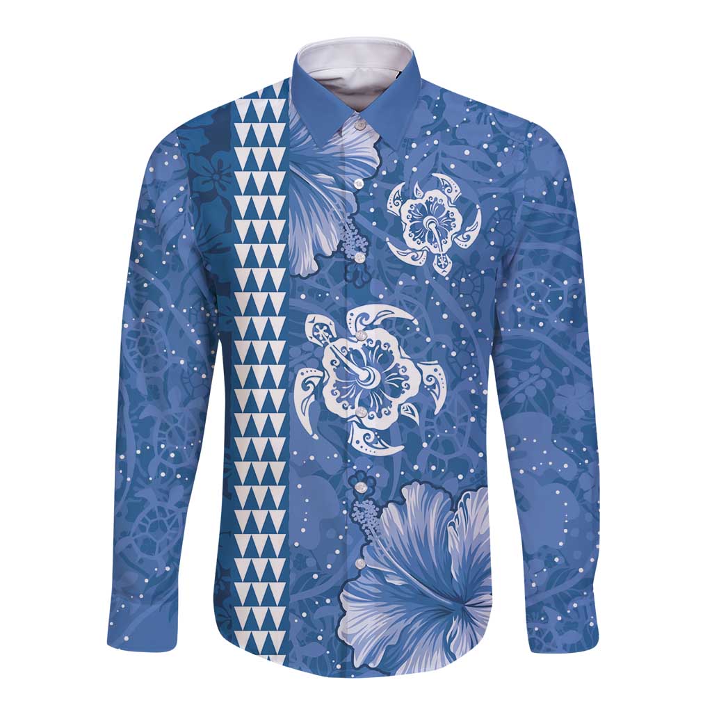 Blue Hibiscus Turle Long Sleeve Button Shirt Hawaiian Style Tribal Tapa Pattern