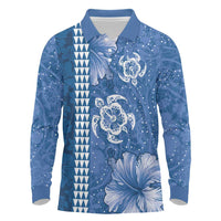 Blue Hibiscus Turle Long Sleeve Polo Shirt Hawaiian Style Tribal Tapa Pattern
