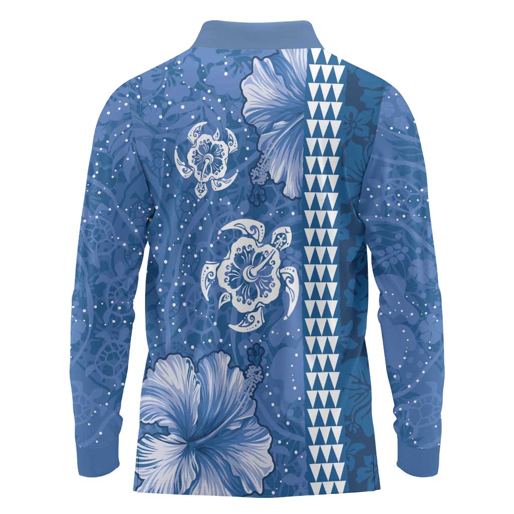Blue Hibiscus Turle Long Sleeve Polo Shirt Hawaiian Style Tribal Tapa Pattern