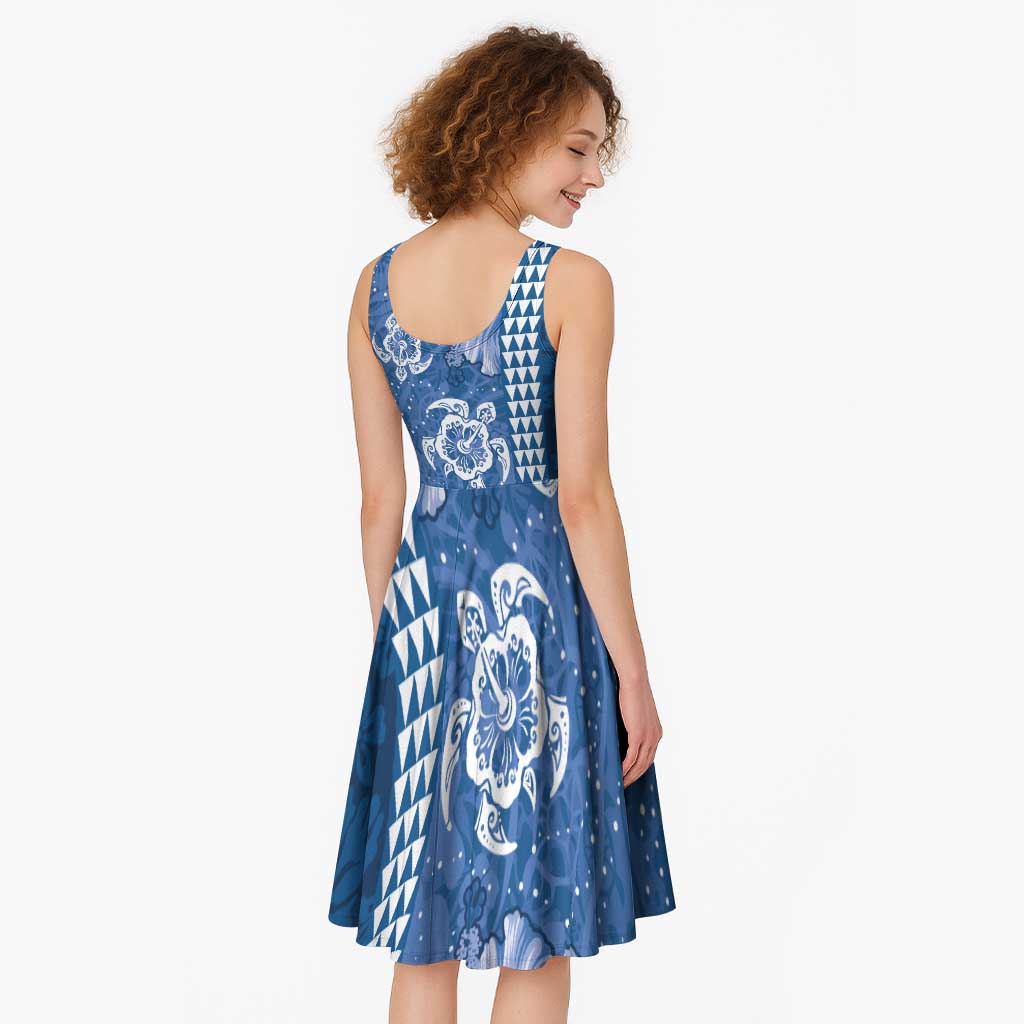 Blue Hibiscus Turle Midi Dress Hawaiian Style Tribal Tapa Pattern - Polynesian Pride