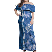 Blue Hibiscus Turle Off Shoulder Maxi Dress Hawaiian Style Tribal Tapa Pattern