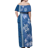 Blue Hibiscus Turle Off Shoulder Maxi Dress Hawaiian Style Tribal Tapa Pattern