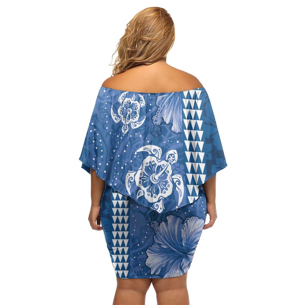 Blue Hibiscus Turle Off Shoulder Short Dress Hawaiian Style Tribal Tapa Pattern