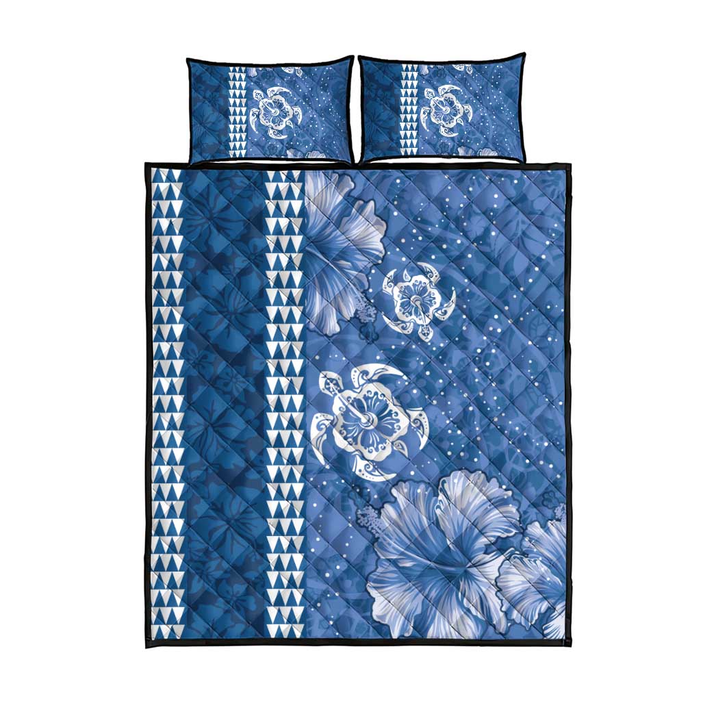 Blue Hibiscus Turle Quilt Bed Set Hawaiian Style Tribal Tapa Pattern