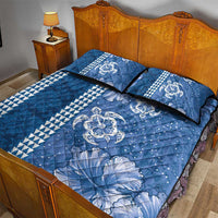 Blue Hibiscus Turle Quilt Bed Set Hawaiian Style Tribal Tapa Pattern