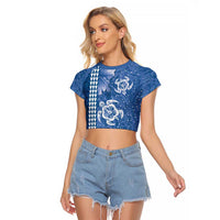 Blue Hibiscus Turle Raglan Cropped T Shirt Hawaiian Style Tribal Tapa Pattern LT9 Female Blue - Polynesian Pride