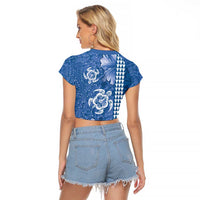 Blue Hibiscus Turle Raglan Cropped T Shirt Hawaiian Style Tribal Tapa Pattern LT9 - Polynesian Pride