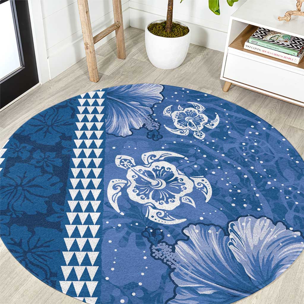 Blue Hibiscus Turle Round Carpet Hawaiian Style Tribal Tapa Pattern