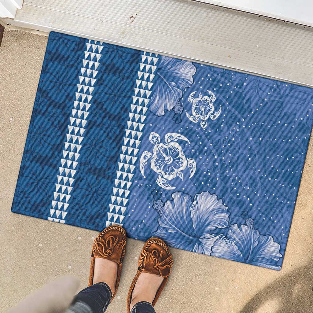 Blue Hibiscus Turle Rubber Doormat Hawaiian Style Tribal Tapa Pattern