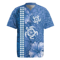 Blue Hibiscus Turle Rugby Jersey Hawaiian Style Tribal Tapa Pattern