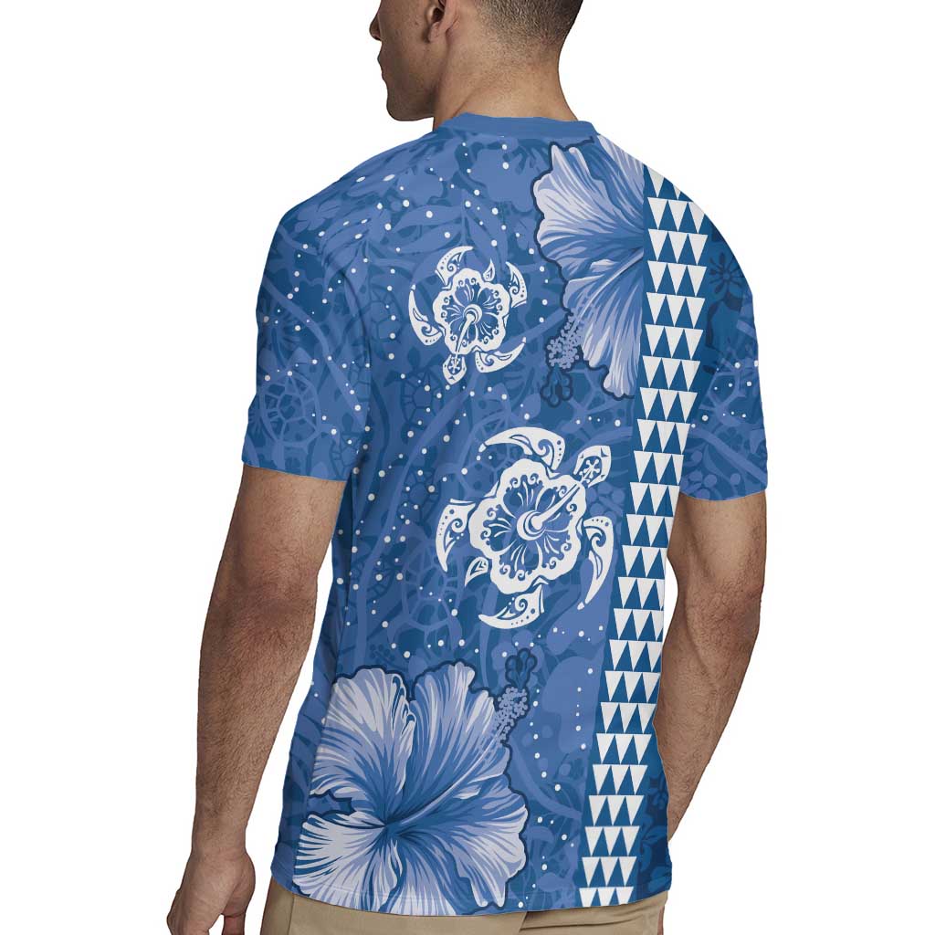 Blue Hibiscus Turle Rugby Jersey Hawaiian Style Tribal Tapa Pattern