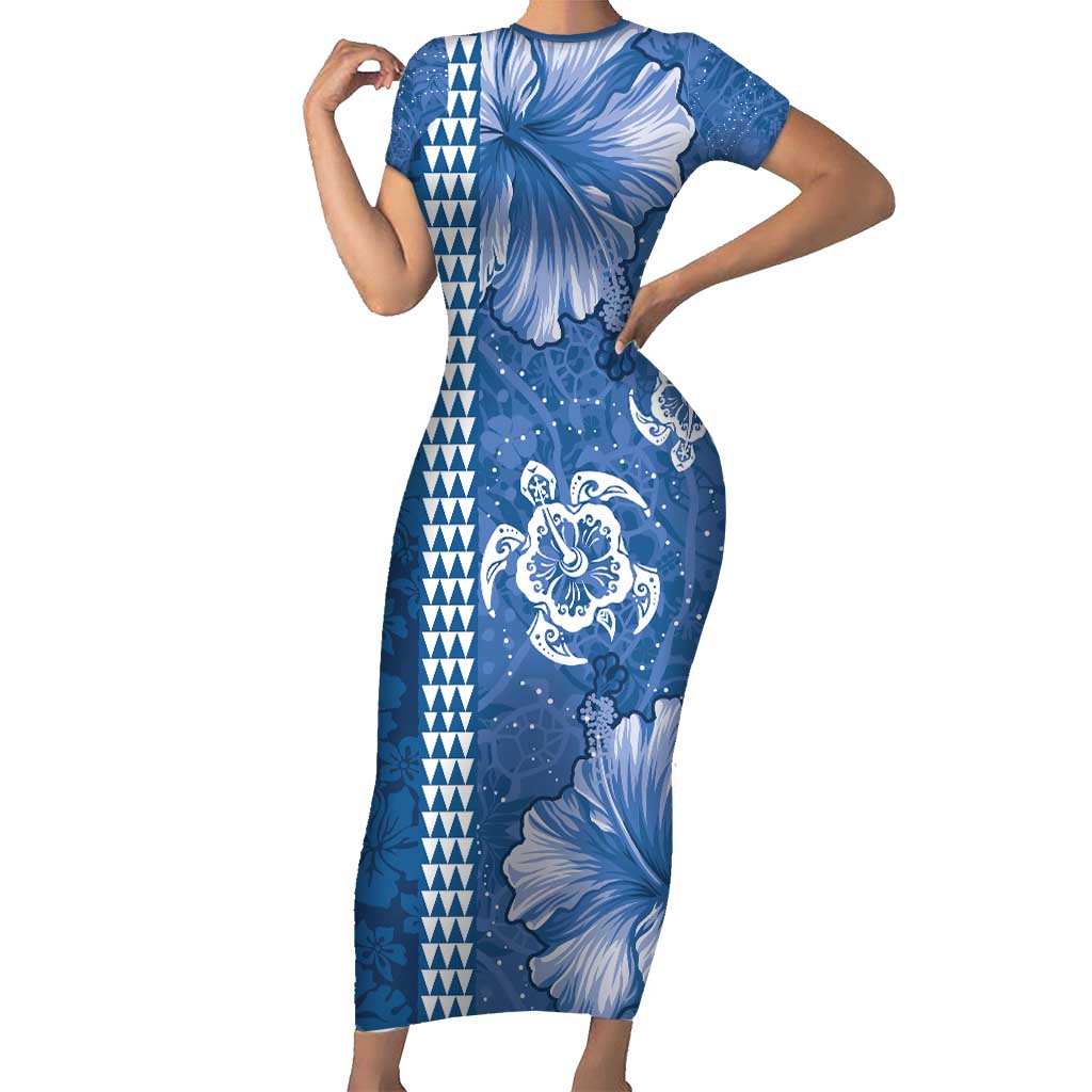 Blue Hibiscus Turle Short Sleeve Bodycon Dress Hawaiian Style Tribal Tapa Pattern