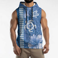 Blue Hibiscus Turle Sleeveless Hoodie Hawaiian Style Tribal Tapa Pattern - Polynesian Pride