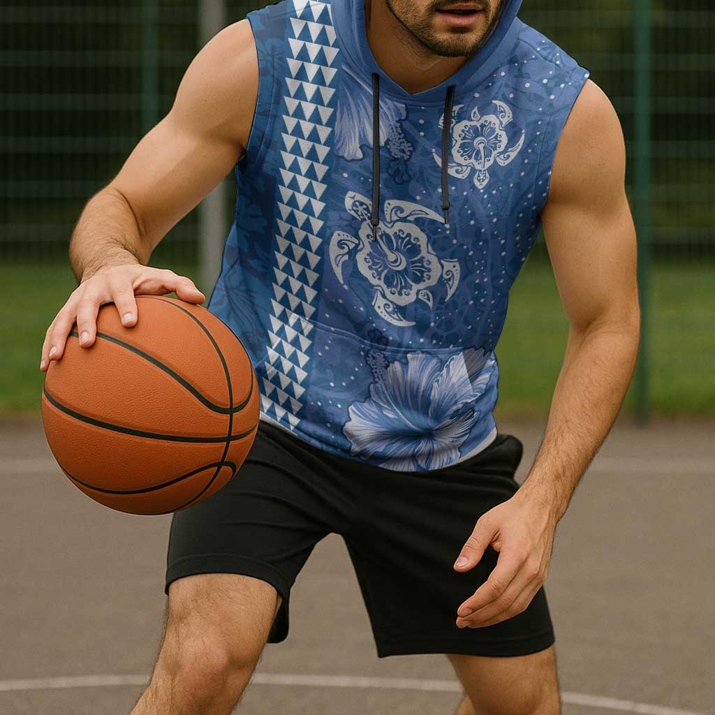 Blue Hibiscus Turle Sleeveless Hoodie Hawaiian Style Tribal Tapa Pattern - Polynesian Pride