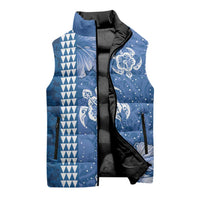 Blue Hibiscus Turle Sleeveless Puffer Jacket Hawaiian Style Tribal Tapa Pattern - Polynesian Pride